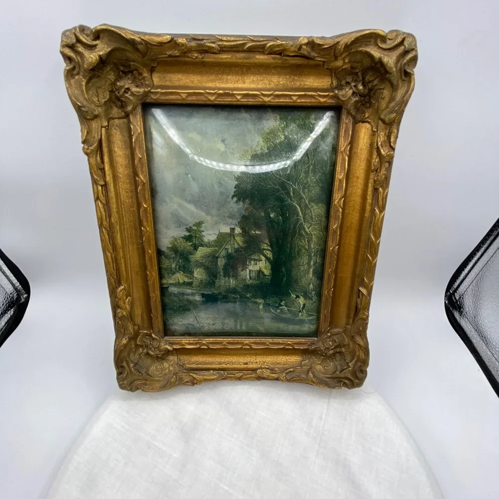 Vintage 10x9 Framed Landscape Gold Ornate Rococo Pastoral Scene Gilt Rustic